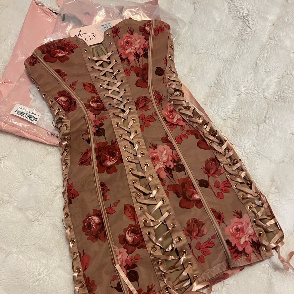 Oh Polly floral lace up bustier mini dress